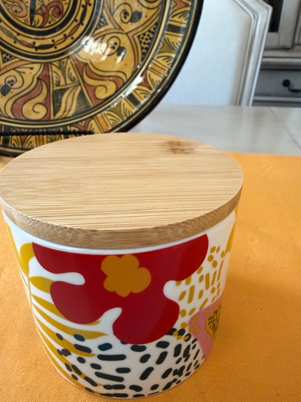 Ceramic Storage Jar with Bamboo Lid - Yellow & Red Leaf Design - Picture 2 of 13